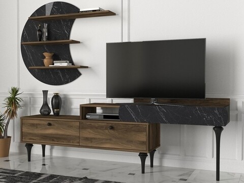 Comoda TV cu raft de perete Padre, Talon, 181 x 58.4 cm/118 x 89 cm, walnut/negru