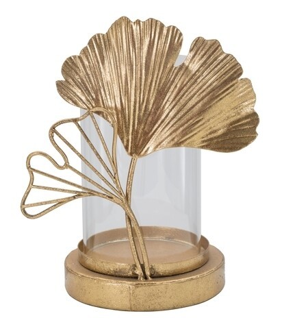 Suport pentru lumanare Leaf, Mauro Ferretti, 17x12x21 cm, fier/sticla, auriu