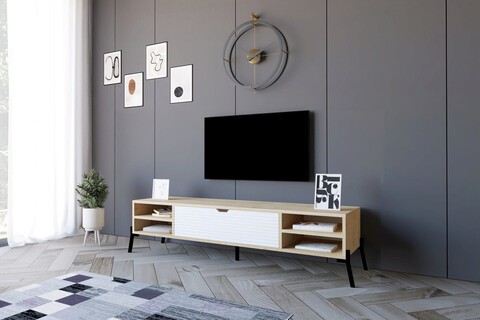 Comoda TV, Puqa Design, Santa, 160x36x40 cm, PAL, Stejar Safir / Alb