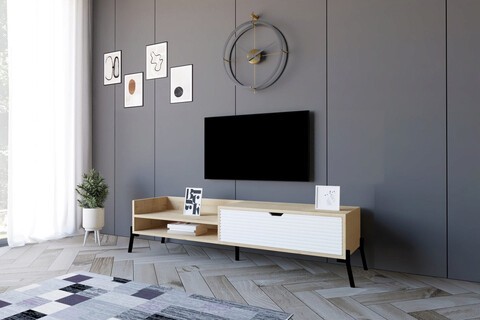 Comoda TV, Puqa Design, Trezza, 160x36x40 cm, PAL, Stejar Safir / Alb