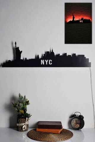 Decoratiune luminoasa LED, NYC Skyline, MDF, 60 LED-uri, Rosu