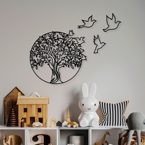 Decoratiune de perete, Tree And Birds 3, Metal, Dimensiune: 61 x 56 cm, Negru