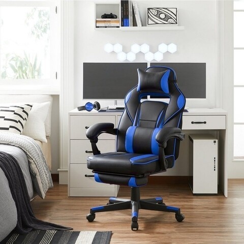 Scaun de birou ergonomic Gaming, Songmics, piele ecologica, negru/albastru