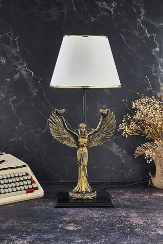 Lampa de masa, FullHouse, 390FLH1935, Baza din lemn, Aur/Alb