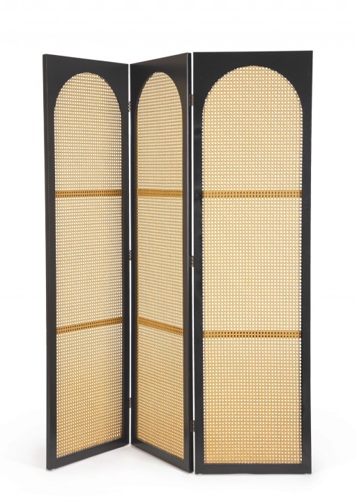 Paravan decorativ / despartitor camera Josine, Bizzotto, 150 x 2 x 180 cm, lemn de pin/ratan, negru