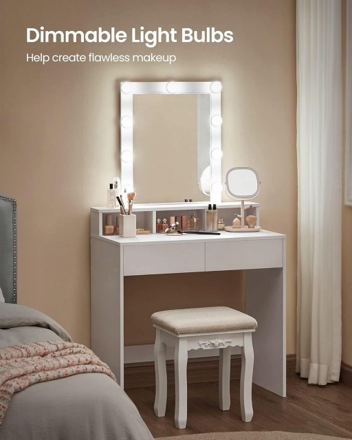 Masa de toaleta / machiaj cu oglinda si iluminare LED, Vasagle, 80 x 40 x 145 cm, PAL/sticla, alb