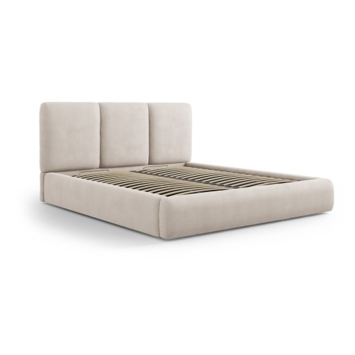 Pat matrimonial bej tapițat cu spațiu de depozitare și somieră 160x200 cm Brody – Mazzini Beds