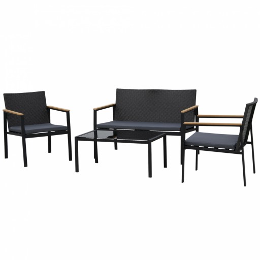 Outsunny Set Mobilier Gradina din Ratan cu 4 Piese 2 Scaune Terasa cu Brate, Banca si Masa de cafea in Otel, 80x42x37cm Culoarea Negru | Aosom.ro