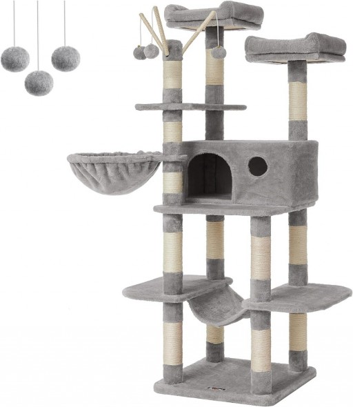 Ansamblu de joaca pisici /arbore pentru pisici, Feandrea, 50 x 50 x 164 cm, PAL/sisal, gri deschis