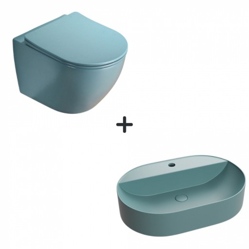 Set vas wc rimless cu capac soft close plus lavoar baie cu orificiu baterie verde turcoaz mat