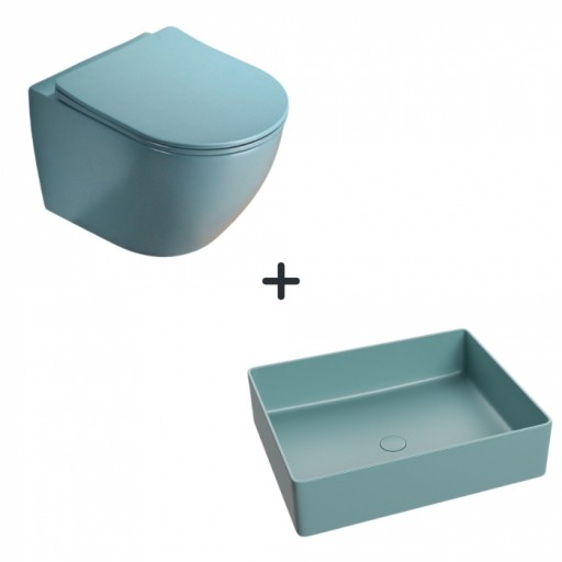 Set vas wc rimless cu capac soft close plus lavoar baie dreptunghiular verde turcoaz mat