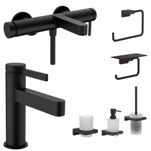 Set baterie cada si baterie lavoar Hansgrohe Finoris cu accesorii baie Hansgrohe AddStoris