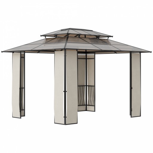 Outsunny Pavilion gradina cu acoperis rigid din policarbonat 3.7x3 Pergola din cadru metalic cu acoperis dublu pentru gradina, veranda, Maro