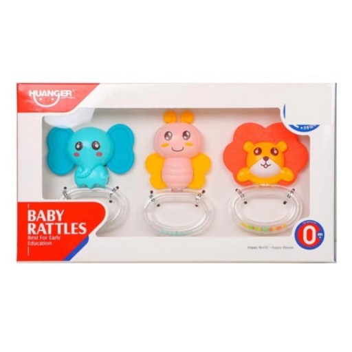 Set 3 jucarii pentru dentitie copii, Baby Rattles, HE0135, 0M+, silicon alimentar/plastic, multicolor