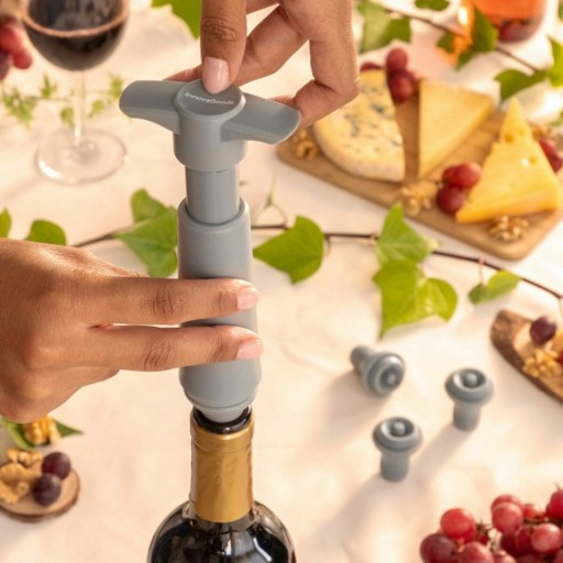 Pompa manuala pentru vidare sticle de vin si 4 dopuri, Vacuum Winuum, InnovaGoods, gri