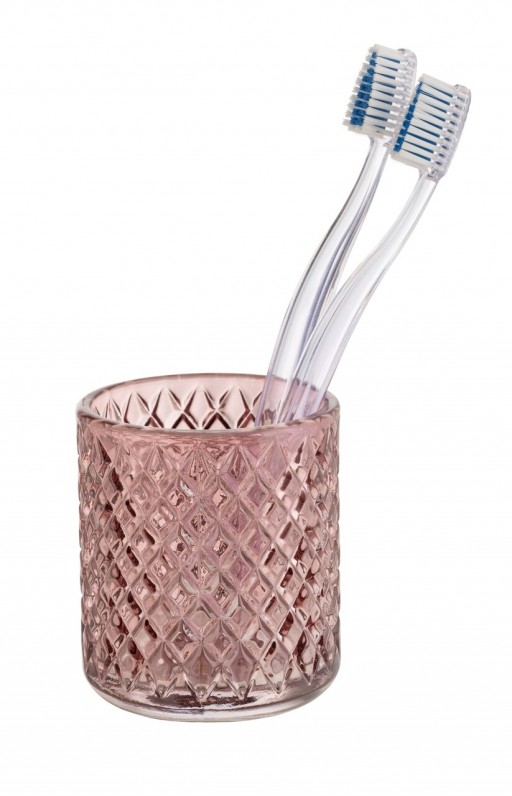 Suport periute si pasta de dinti, Wenko, Atessa, 7.5 x 7.5 x 10 cm, sticla, roz