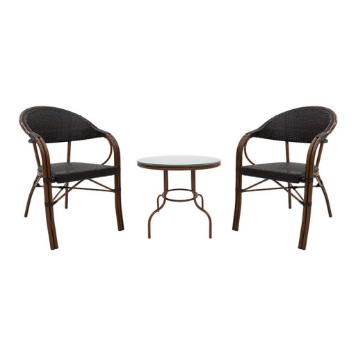 Set mobilier de gradina 3 piese Paula, Pakoworld, masa si 2 scaune, 60x60x60 cm, metal/sticla/ratan sintetic, maro