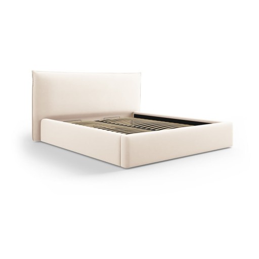 Pat matrimonial crem tapițat cu spațiu de depozitare cu somieră 180x200 cm Elio – Milo Casa